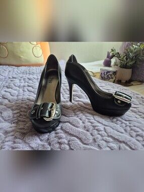 Guess Black And Silver Buckle Platform Heels